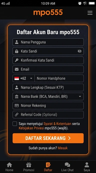 Tampilan halaman daftar mpo555